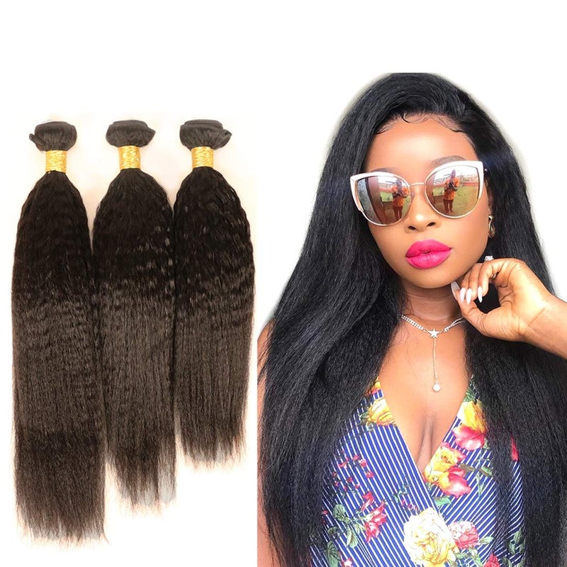 DAIMER Kinky Straight Human Hair 3 Bundles 100G/Pcs Yaki Straight Human Hair Unprocessed Brazilian Virgin Human Hair Extensions Double Weft Bundles Sew In Hair Weave Natural Black 16 18 20Inch